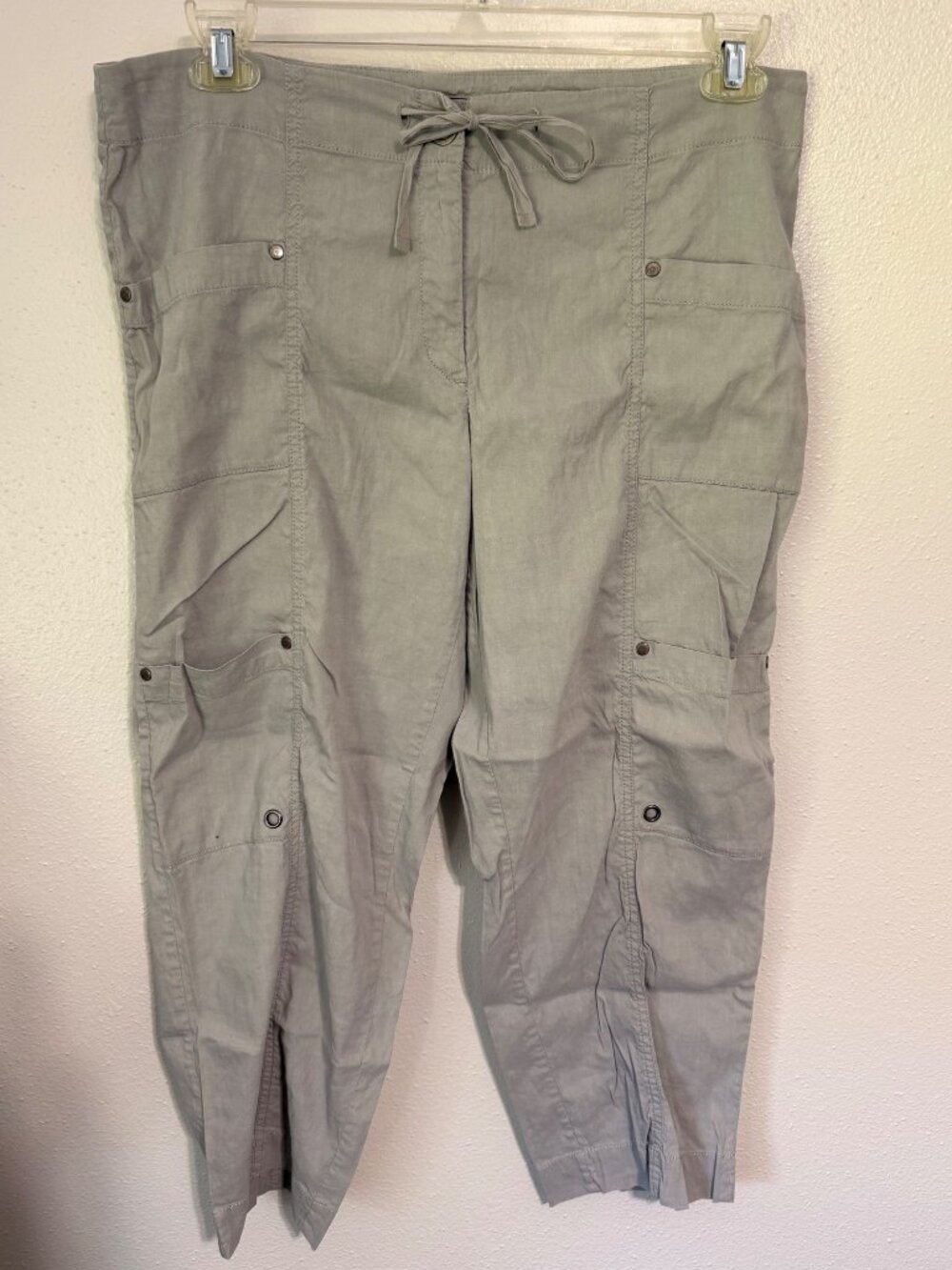 Eileen Fisher Cargo Capri Pants Gray Italian Fabric Drawstring Womans 12